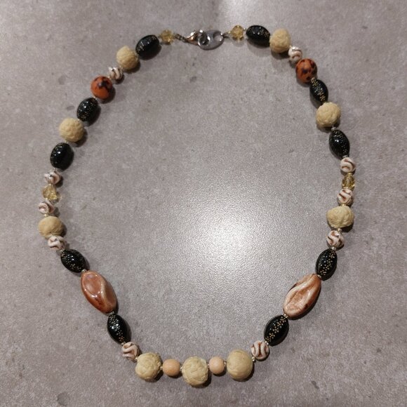 FASHION JEWELRY Women's Single Strand Multicolors Textured Beads Ivory Brown Tan - Picture 1 of 5